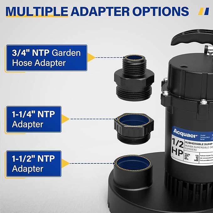 Acquaer 1/2 HP Sump Pump, 4060 GPH Submersible Clean/Dirty Water Pump with Adjustable Float Switch for Garden Pool, Basement, Flooded House, Hot Tub and Irrigation, Max head 32 ft.