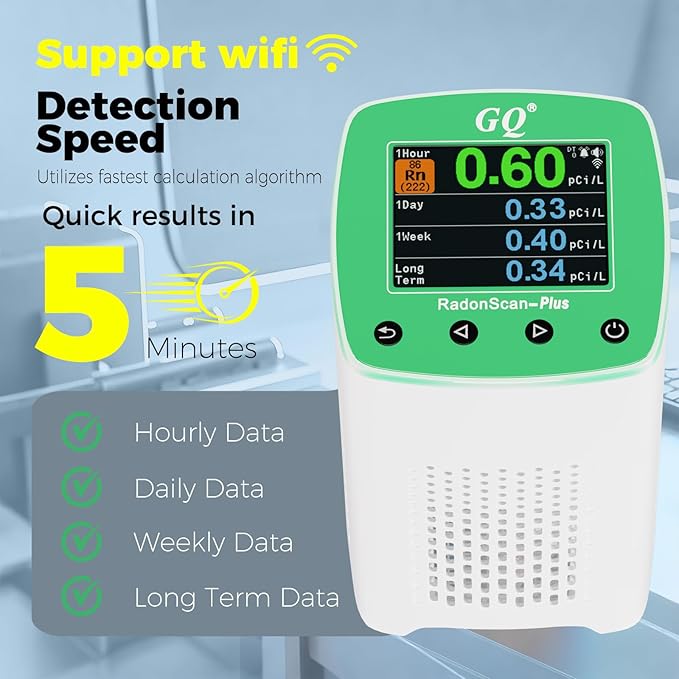 Remote Monitoring GQ RadonScan-Plus Radon Gas Digital Detector Worldwide Fast Accurate Detection Simple Big Display USA Product Real-time Data App Online Data Logging & Sharing