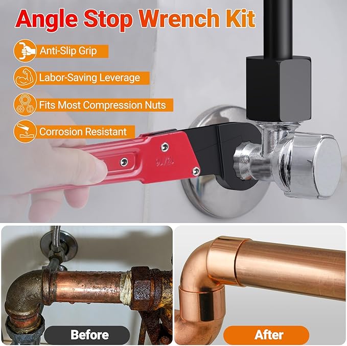 Preciva 9PCS Angle Stop Wrench Kit,2-in-1 Faucet Wrench & Compression Sleeve Puller with 5 Sandpapers &1 Storage Bag Plumbing Tool Set for Removing and Installing Angle Valves DIY & Experts