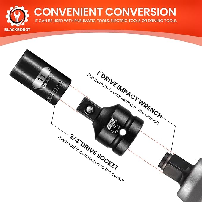 BLACKROBOT 2 Pieces 1” F To 3/4” M Impact Socket Adapter Set, SAE Drive Cr-Mo Steel Exceeds ANSI Standards, Square Drive Socket Reducer for Impact Driver Wrench