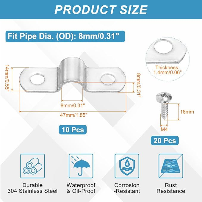 uxcell 10Pcs 8mm(5/16") Two Hole Rigid Pipe Strap, 304 Stainless Steel Conduit Clamp Thicken U Bracket Heavy Duty Pipe Clamp with Self-Tapping Screws for Fixing Tube Cable, Silver