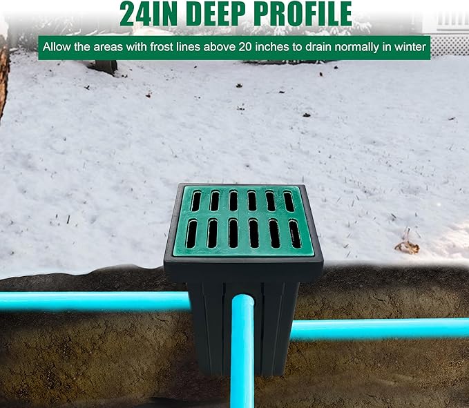 Catch Basin for Drainage with Fiber Glass Grate-18x18x24 in. Deep Drainage Basin with Debris Basket,A15 French Drain Basin Without Reserved Hole for Yard,Downspout,Lawn,Municipal Pipeline