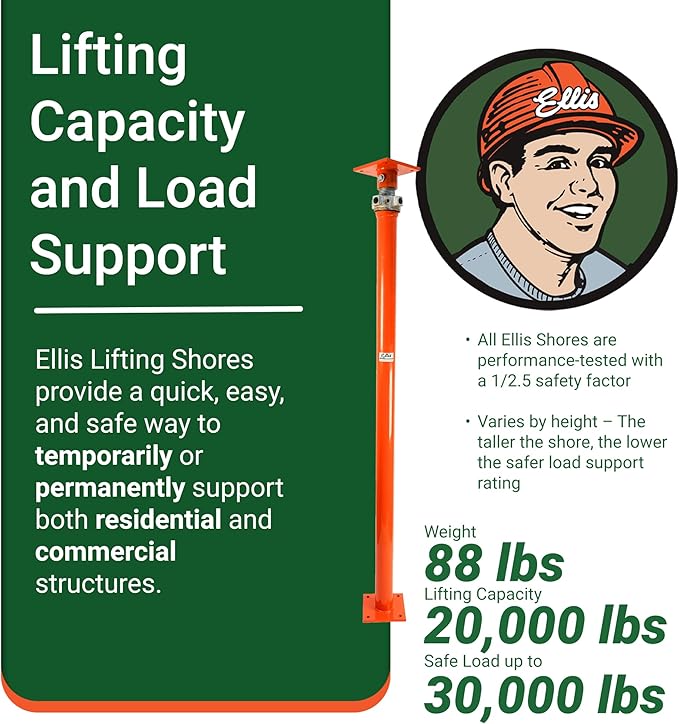 ELLIS Heavy-Duty Adjustable Steel Shore – Basement Post for Foundation, Beams, and Structural Floor Leveling – 30,000 lb Safe Load Capacity – 79"-104" Adjustment