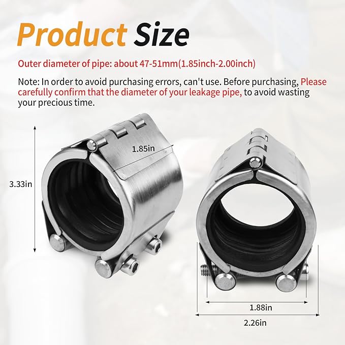 Pipe Repair Clamp Kit -1.85-2 Inch 47mm-51mm High Pressure Resistant Pipe Coupling Clamp for Plastic&Metal Pipes, Emergency Duty Leak Sealer with Stainless Steel, Quick Fix for Water/Gas/Oil Lines
