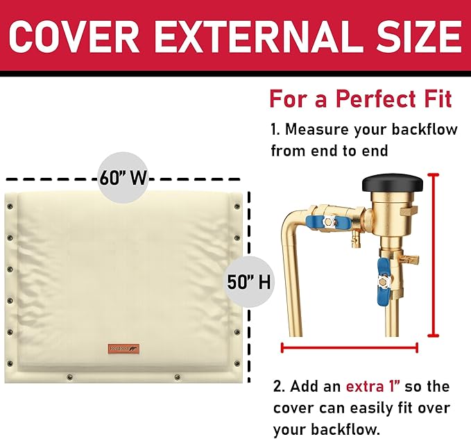 Redford Supply Co. Cold Snap (5°F) Backflow Preventer Insulation Cover, 3-Way Custom, 60"W x 50"H, Pipe Insulation, Water Sprinkler Covers for Outside, Sprinkler Backflow Cover for Winter (Beige)