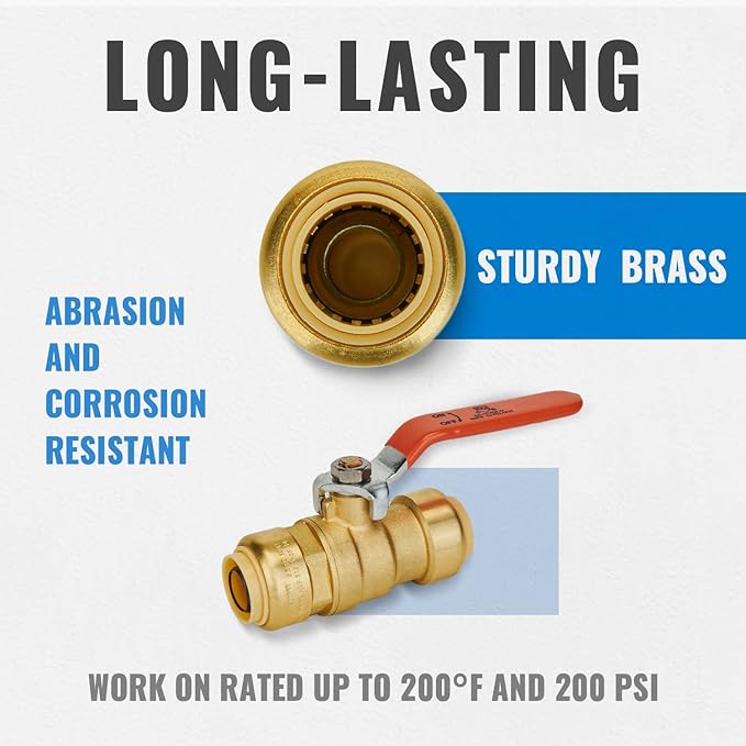SUNGATOR 3/4 Inch Ball Valve, 3/4" Shut Off Valve, No Lead Brass Push-to-Connect Plumbing Water Shutoff for PEX Pipe, Copper, CPVC, PE-RT, with 1 Disconnect Clip, Pack of 6