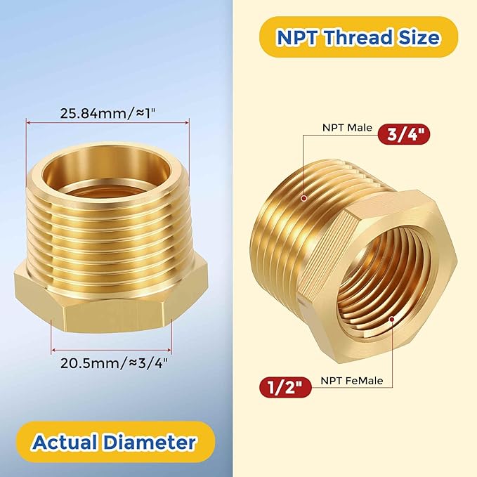 2 Pack Brass Pipe Fittings, 3/4" NPT Male to 1/2" NPT FeMale Brass Hex Bushing Reducer, Hose Tube Threaded Adapter Suitable for Air, Oil, LP, Gas