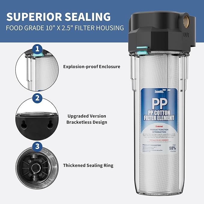 Whole House Water Filter Housing, Fit 10"x2.5" Sediment etc Filters for Well and City Water, Pre-Filtration System for Home, 1/2" Brass Portand includes a 3/4 inch adapter, R-Type O-Ring, Bracketless