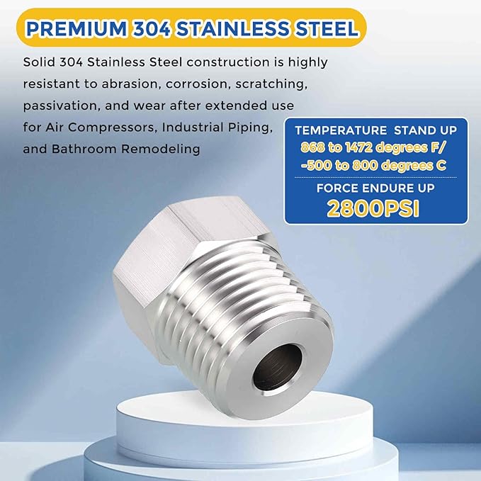 2 Pack 304 Stainless Steel Pipe Fittings, 1/2" MNPT to 1/8" FNPT Hex Bushing Reducer, Hose Tube Threaded Adapters for Air, Oil, LP, Gas