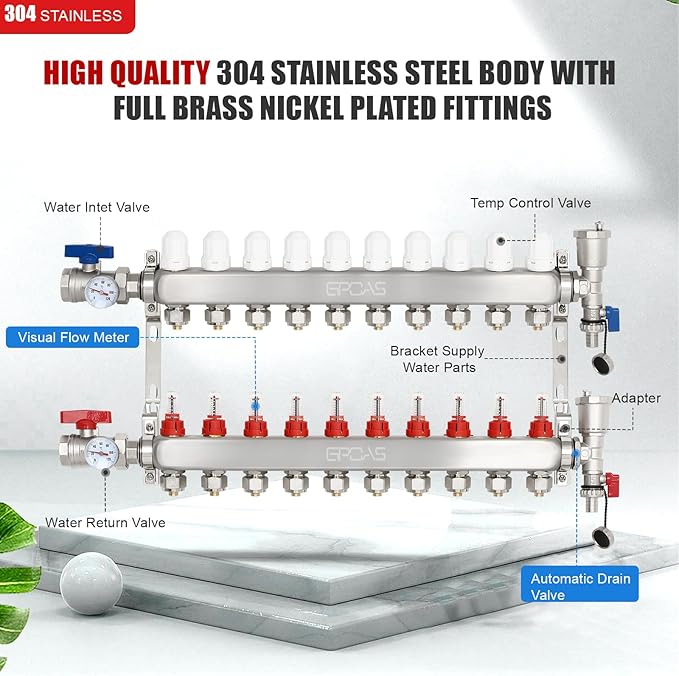 GCCSJ PEX Manifold Radiant Floor Heating Set Stainless Steel Heated Hydronic Heating (10 branch)