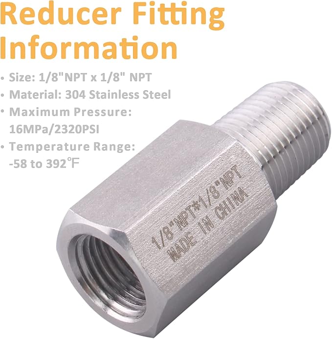 Forged Reducer Adapter Fitting - Stainless Steel 304 Reducing Pipe Connector, 1/8" NPT Female x 1/8" NPT Male (pack of 2)