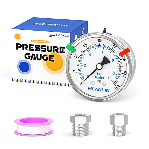 MEANLIN MEASURE 0~160Psi Stainless Steel Liquid Filled Pressure Gauge 2.5"FACE DIAL 1/4"NPT for Air Compressor RV Regulator Water Pressure Tester Back Mount with Stainless Steel Hex Bushing and Snaps