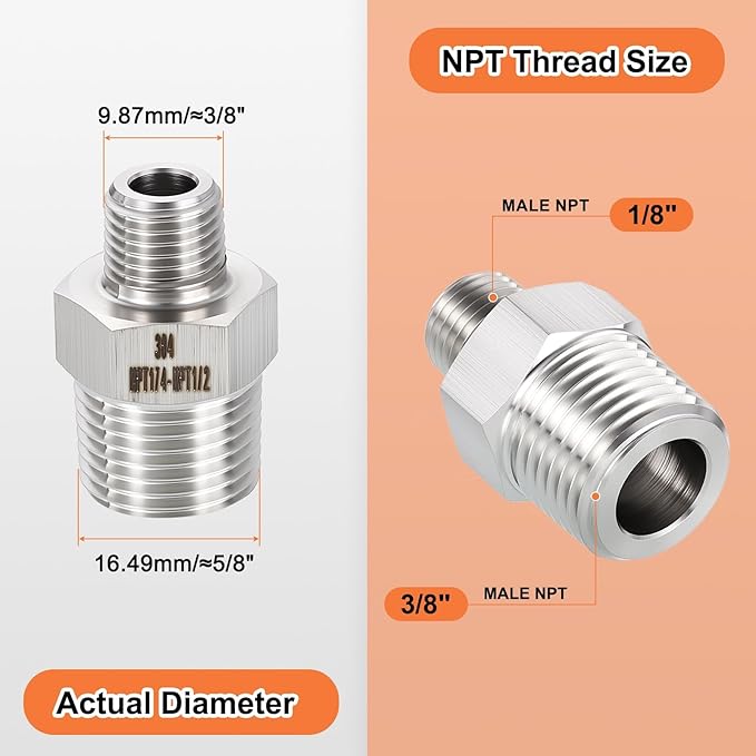 1 Pack 304 Stainless Steel Male to Male Adapter, 3/8" Male NPT x 1/8" Male NPT Hex Nipple Pipe Extension Fitting for Industrial, Automotive, Fluid Transfer, Home Gardening, Water