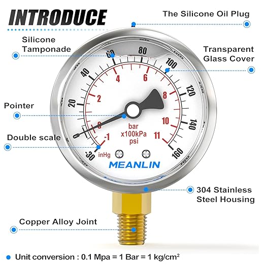 MEANLIN MEASURE -30inHG~160Psi Stainless Steel 1/4" NPT 2.5" FACE DIAL Vacuum Pressure Gauge, Lower Mount, with 1/4" x 1/2" NPT and 1/4" x 3/8" NPT Hex Bushing