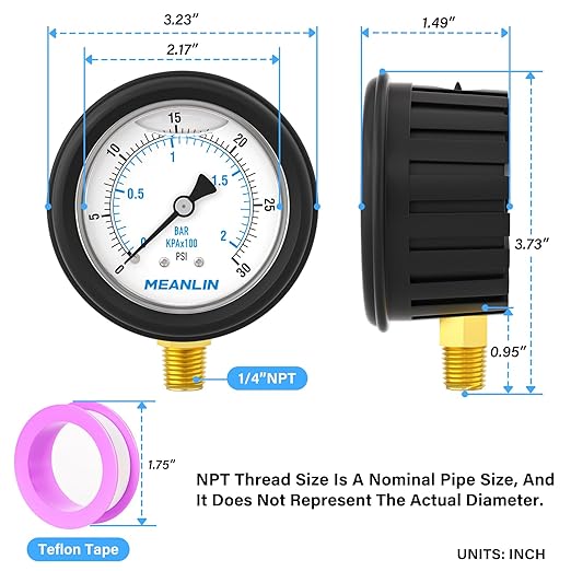 MEANLIN MEASURE 0~30Psi Stainless Steel Liquid Filled Pressure Gauge 1/4" NPT 2.5" FACE DIAL with Rubber Protective Sleeve, Lower Mount