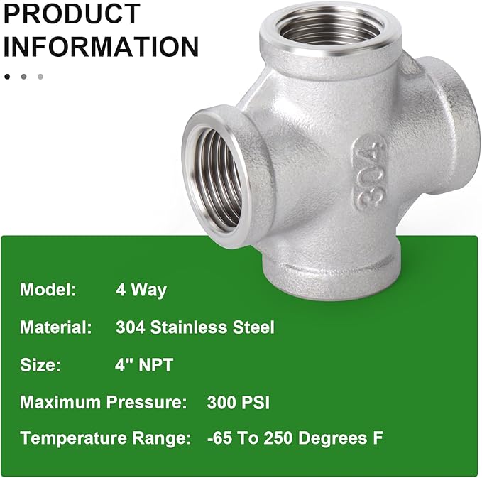 TAISHER 1PCS Stainless Steel 4 Way Pipe Fittings, 4" x 4" x 4" x 4" NPT Female Pipe Fittings
