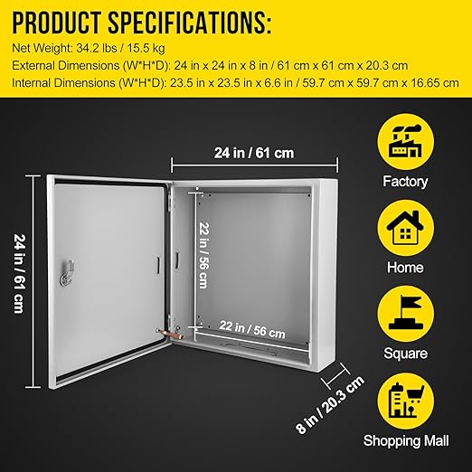 Outdoor Electrical Box, 24x24x8 Steel Junction Box, NEMA 4X Electrical Enclosure Box IP66 Waterproof & Dustproof, Universal Electrical Project Box with Lock & Mounting Plate
