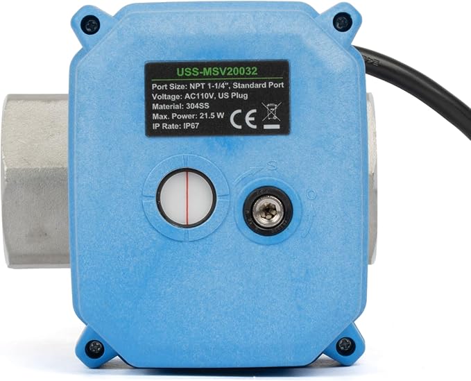 U.S. Solid 1-1/4" Motorized Ball Valve with US Plug 110VAC 304 Stainless Steel Electrical Ball Valve, Auto Return, Normally Closed, NSF Certified, IP67