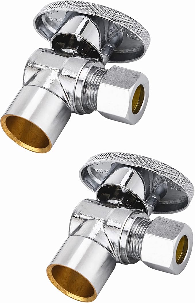 (Pack of 2) EFIELD 1/4 Turn Angle Stop Valve Sweat 1/2" X 3/8" OD Compression Connection, Chrome Plated Brass,(VALVE082-2PCS)