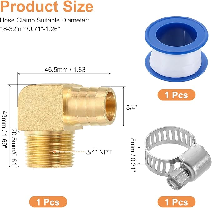 uxcell Brass Hose Barb Fitting, 3/4" x 3/4" NPT 90 Degree Elbow Hose Connector with Hose Clamps for Water Fuel Gas Oil Transportation