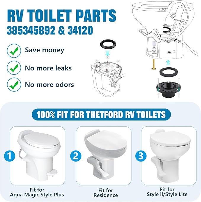 RV Toilet Seal and Socket Floor Flange Kit, 385345892 Flange and 34120 Waste Ball Seal, Toilet Flange Repair Kit fit for Thetfords Aqua Magic Style Plus, Style Lite, Style II & Residence RV Toilets