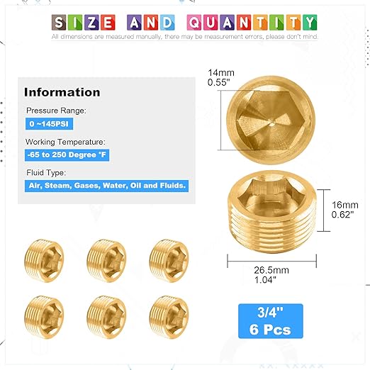 Glarks 6Pcs Copper 3/4'' NPT Male Pipe Plug Fitting