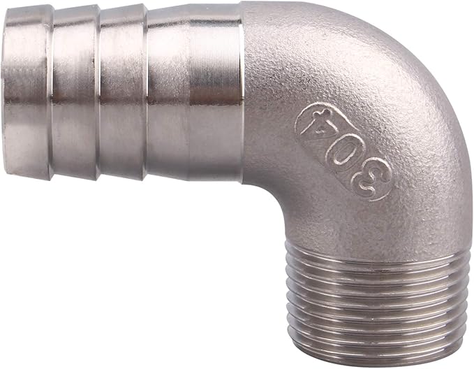 DERNORD 1" Hose Barb x 3/4" Male NPT Stainless Steel 90 Degree Elbow- Home Brew Pipe Fitting