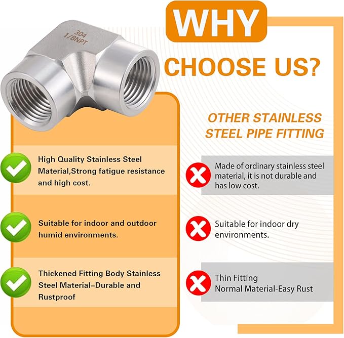 Stainless Steel Pipe Fitting 90 Degree Barstock Street Elbow 1/8" NPT Female x 1/8" NPT Female 2 Pack