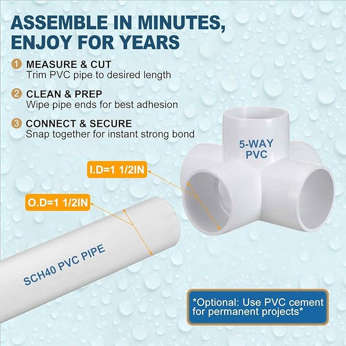 2 Pack 1 1/2" SCH40 PVC Elbow Pipe Fitting, 5-Way PVC Elbow Corner Side Outlet Cross Fitting, Furniture Grade Pipe Connectors for DIY Project, Pond Protection, Socket x Socket
