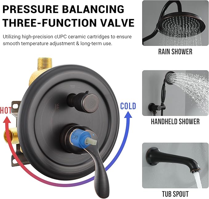 DASAN Oil Rubbed Bronze Shower System with Tub Spout, Tub and Shower Faucet Combo Set with Valve & Trim Kit Bathtub Shower Faucet Set Bathtub Shower System with Rainfall Shower & Handheld, AT309W-ORB