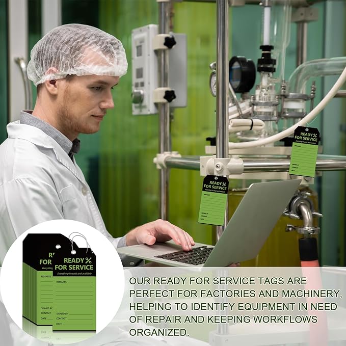 50PCS Ready for Service Tags 3" x 5 3/4" Service Repair Tags with Wire Service Tags for Equipment Black and Green Service Tags for Required Examination Production Status Notice Tags Cardstock