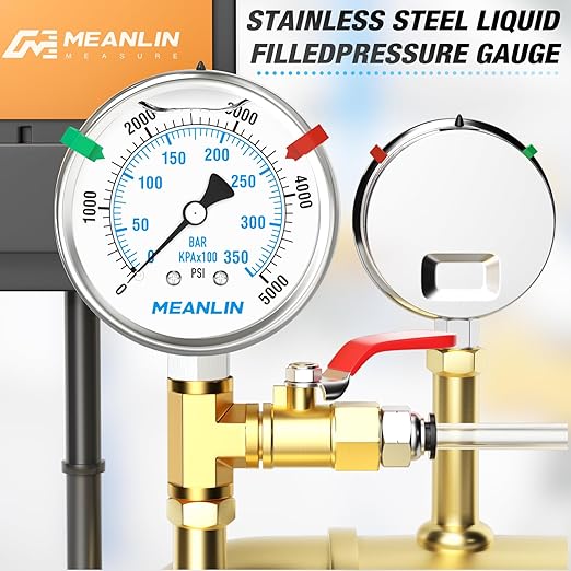 MEANLIN MEASURE 0~5000Psi Stainless Steel Liquid Filled Pressure Gauge 2.5" FACE DIAL 1/4" NPT for WOG Water Oil Air Lower Mount with Stainless Steel Hex Bushing and Snaps