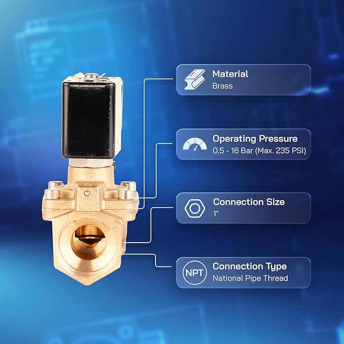 UNOX 1 inch NPT Solenoid Valve 24V DC, Brass Control Valve Normally Closed - 7-232 PSI Multi-Purpose Reliable Control Valve for Water and Air - Solenoid Valves