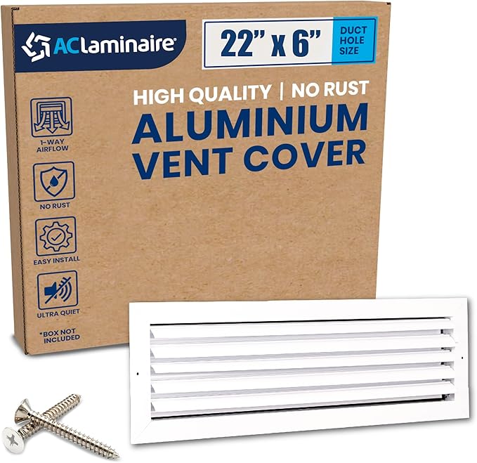 22x6 Inch (Duct Opening) Aluminum 1-Way Air Flow Vent – HVAC Vent Cover for Wall or Ceiling – Quiet HVAC Wall Register with Multi-Shutter Damper – Adjustable Curved Blade - Plastic Seal for Tight Fit