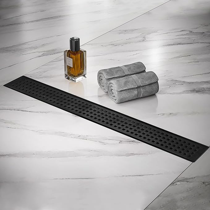 Linear Shower Drain 28 Inch Rectangular, SUS-304 Stainless Steel Black Shower Drain, 51L/Min Fast Drainage Floor Linear Drain, US Standard CUPC Certified, Matte Black, SD-112-28B