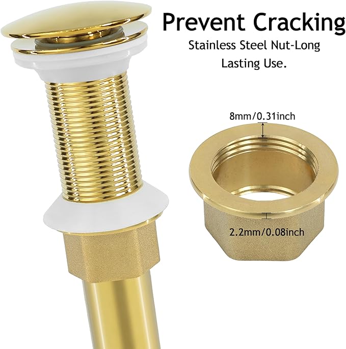 Bathroom Sink Drain, 2 Pack Gold Drain Stopper Without Overflow,Pop Up Drain Assembly Without Detachable Strainer Basket,Built-in Anti-Clogging Strainer,Stainless Steel