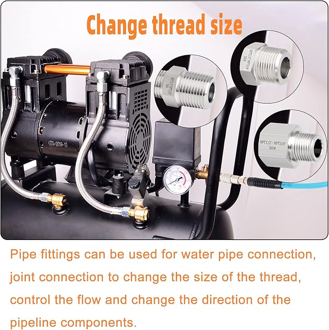 GASHER 6PCS 304 Stainless Steel Pipe Fitting, Hex Bushing, Reducer Adapter, Reducing Hex Nipple 1/2 Inch NPT x 3/8 Inch NPT