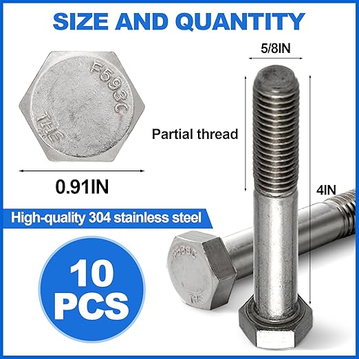 10 Pack 5/8-11 x 4in'' Hex Head Cap Screw Bolts, External Hex Drive, Stainless Steel 304, Partially Threaded, Corrosion Resistant, for Machinery, Automotive, Metal and Furniture