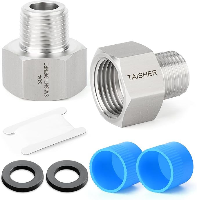 TAISHER 2PCS 304 Stainless Steel Garden Hose Adapter, 3/4" GHT Female x 3/8" NPT Male Garden Hose Connector with Washers