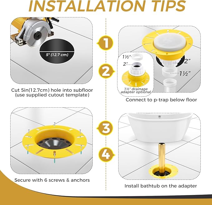 Freestanding Bathtub Drain Rough-in Kit, Bathtub Drain Kit with PVC Plastic Adapter and Brass Tail Pipes Compatible with All Freestanding Bathtubs, Floor Mounted Bathtub and Copper Bathtub
