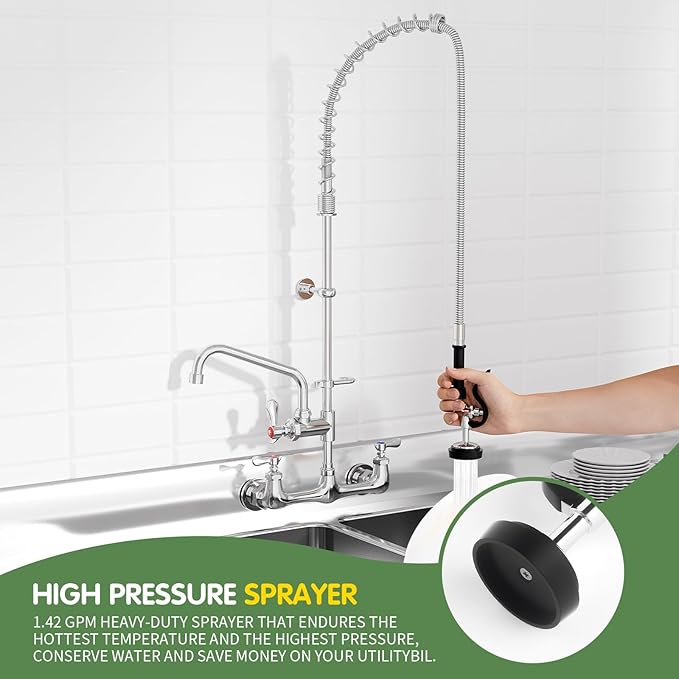 Commercial Sink Faucet,TOLSUNY Commercial Kitchen Faucet Wall Mount with Pre Rinse Sprayer,Wall Mounted Kitchen Sink Faucet for Industrial and Restaurant Sinks. (Classic, 43)