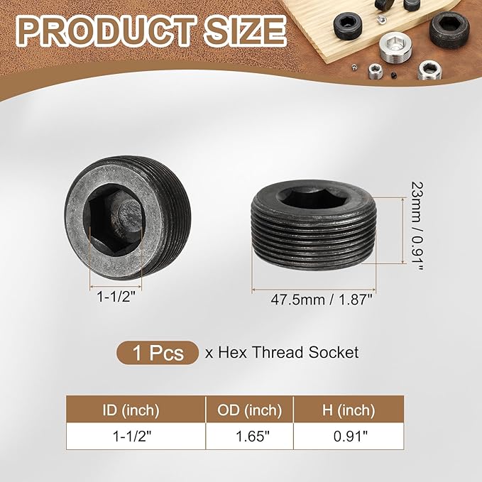 Pipe Plug Carbon Steel Internal Hex Thread Socket Pipe Plug Fitting - Fitting for (Sealing Port - Air Tanks - Water Outlets) 1-1/2 Inch NPT Male