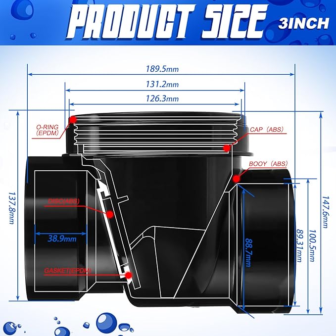 Tondiamo 3 Inch Backwater Valve Drain Backflow Preventer Valve Prevent Sewage and Rainwater from Flowing Back(Black ABS)