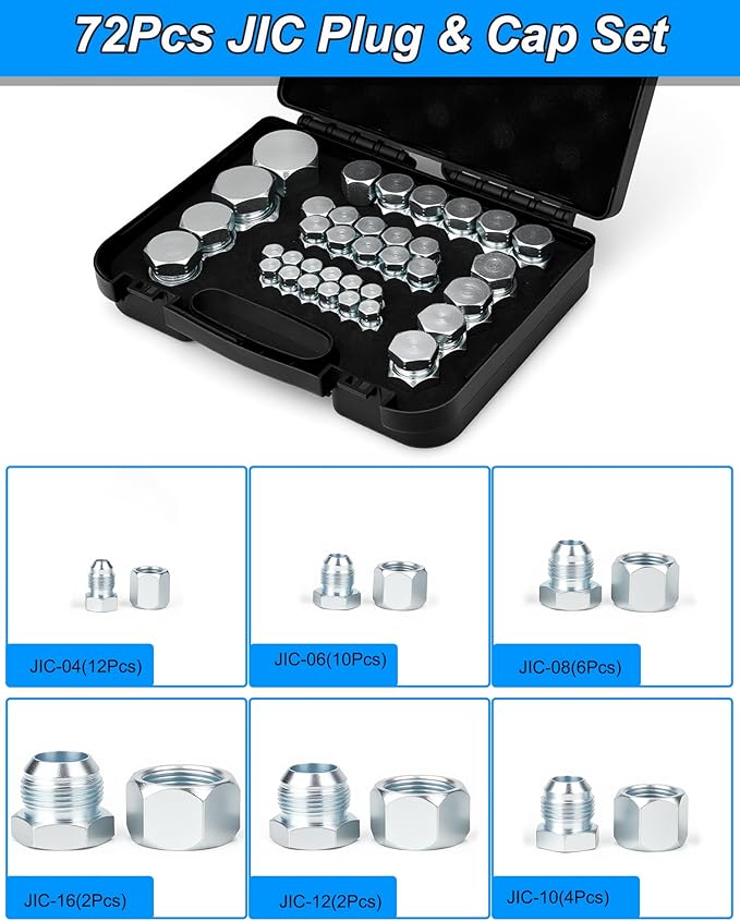 JIC Plug and Cap Kit, 72Pcs 37 degree Flare thread cap & plug assortment set, Hydraulic hose tube and pipe fittings set end protection for industrial equipment repair, size 4 6 8 10 12 16