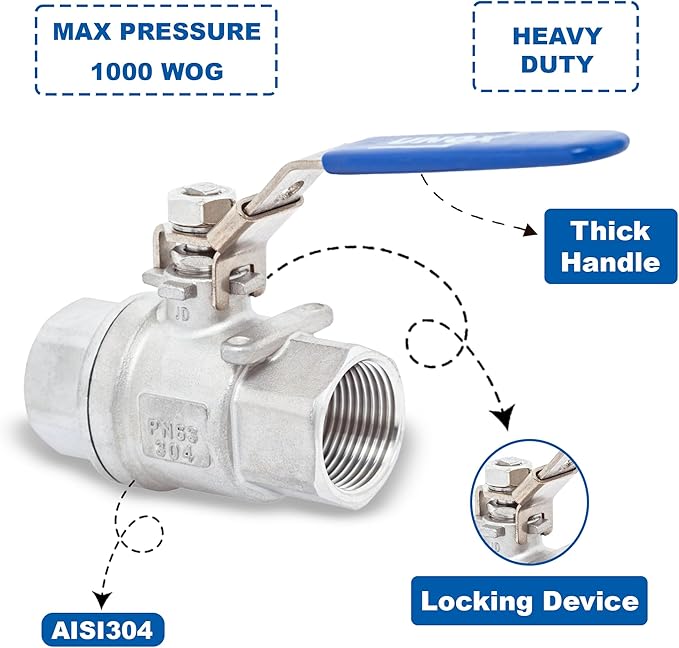 UNOX 3" NPT Full Port Ball Valve Two-Piece Body Design, Female Stainless Steel AISI304 Heavy Duty for Water Oil Gas Valve - 1000WOG Steam Ball Valve with Blue Locking Handles