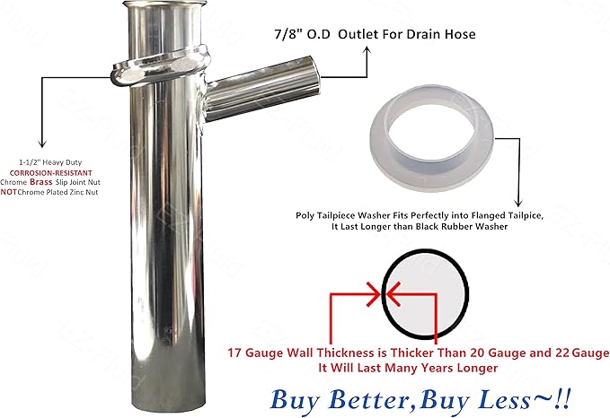 EZ-Fluid Thick Heavy Duty 17GA Chrome Brass 1-1/2" X 8" Dishwasher Branch Tailpiece Slip Joint Direct Connect with 7/8" Dishwasher Drain Hose Outlet,Brass Nut,Flanged Sink Drainage Pipe,P-Trap.