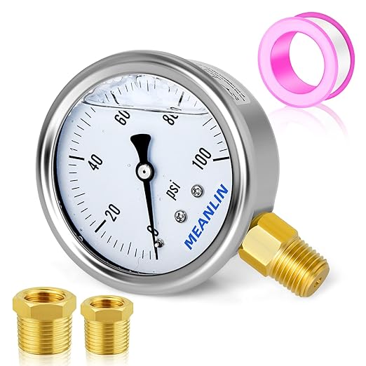 MEANLIN MEASURE 0~100Psi Stainless Steel 1/4" NPT 2.5" Single Scale FACE DIAL, Glycerin Filled Pressure Gauge, WOG Water Oil Air, Lower Mount, with 1/2" NPT and 3/8" NPT Hex Bushing