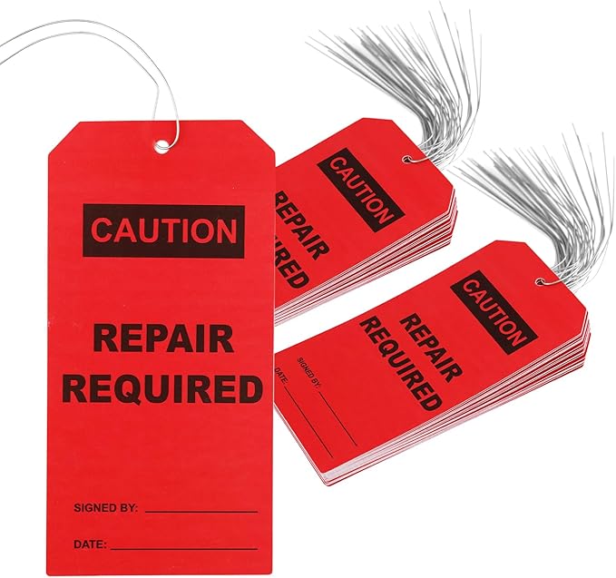 50 pcs Repair Require Tags with Pre-Attach Wire,PVC Plastic Maintenance Required Tags