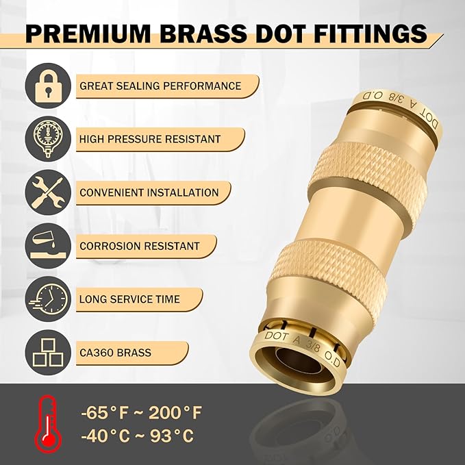 CheeMuii 23 PCS Brass DOT Air Line Fittings Kit 1/4 3/8 1/2 DOT Quick Connect Air Fittings Straight Union Push to Connect Air Hose Fittings for Semi Truck Trailers Air Brake System
