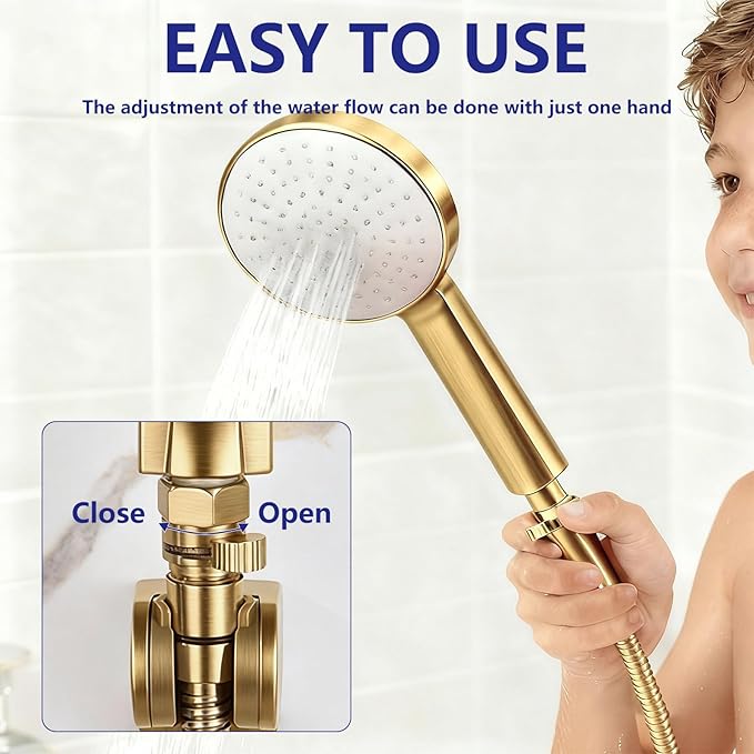 Shower Head Flow Restrictor - G1/2 IPS Brass Shower Shut Off Valve, Water Flow Control Valve Pressure Regulator, RV Hose Flow Restrictor for Toilet Handheld Shower or Bidet Sprayer, Brushed Gold